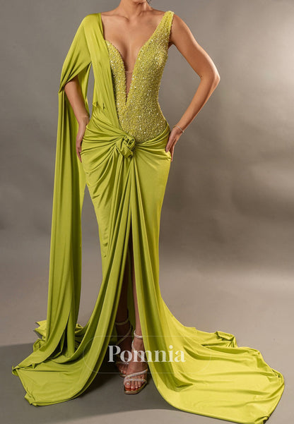 Spaghetti Straps V-Neck Slit Ruched Evening Dress