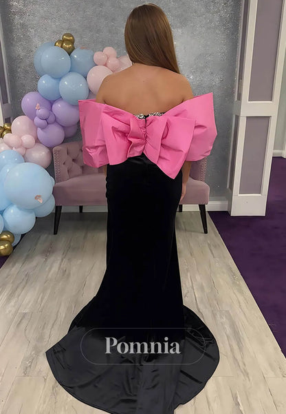 Sparkly Black Velvet Sheath Strapless Beaded Long Prom Dress with Slit