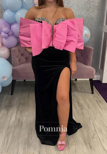 Sparkly Black Velvet Sheath Strapless Beaded Long Prom Dress with Slit