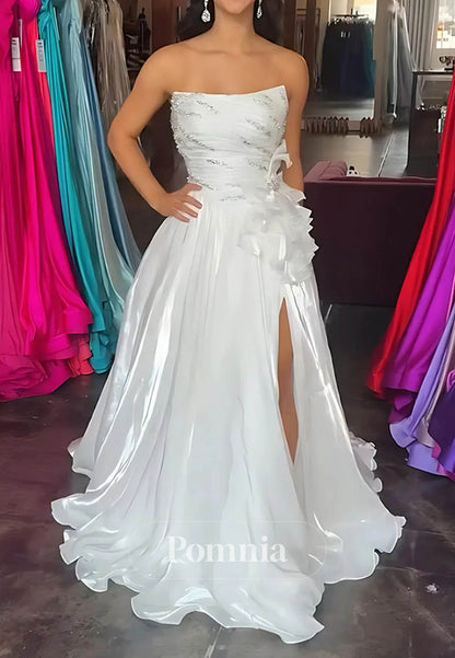 Sparkly Blue A Line Ruffled Strapless Long Prom Dress with Rhinestones