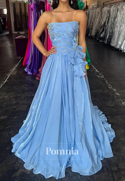 Sparkly Blue A Line Ruffled Strapless Long Prom Dress with Rhinestones