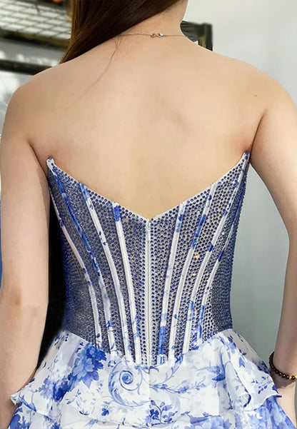 Sparkly Blue Strapless Beaded Floral Print Tiered Homecoming Dress