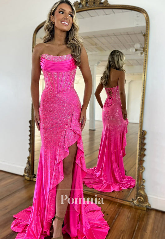 Sparkly Orange Strapless Prom Dress Mermaid Beaded Evening Party Dress