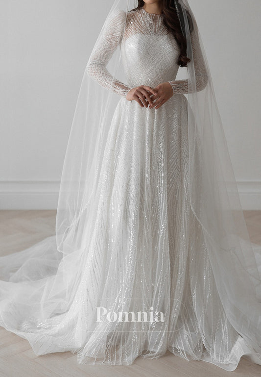 Sparkly Long Sleeves High Neck Empire-Waist Lace Wedding Dress