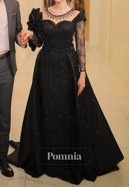 Sparkly Long Sleeves Scoop Appliques Sequins Evening Dress