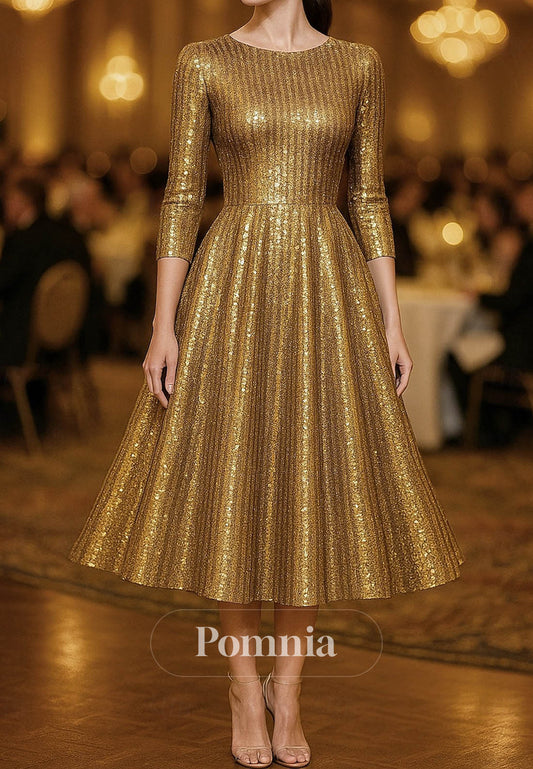 Sparkly Long Sleeves Scoop Empire-Waist Evening Dress