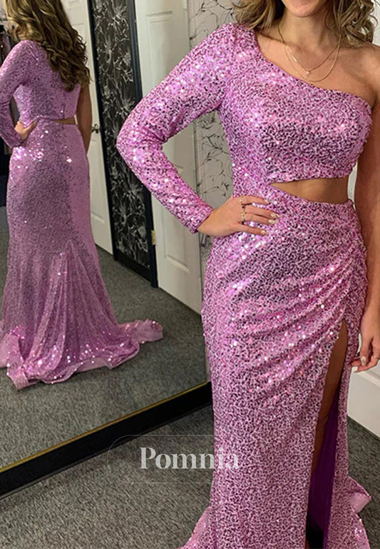 Sparkly Purple One Shoulder Cut Out Long Prom Dress with Slit