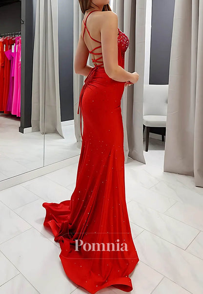 Sparkly Red Beaded Mermaid Spaghetti Straps Long Prom Dress