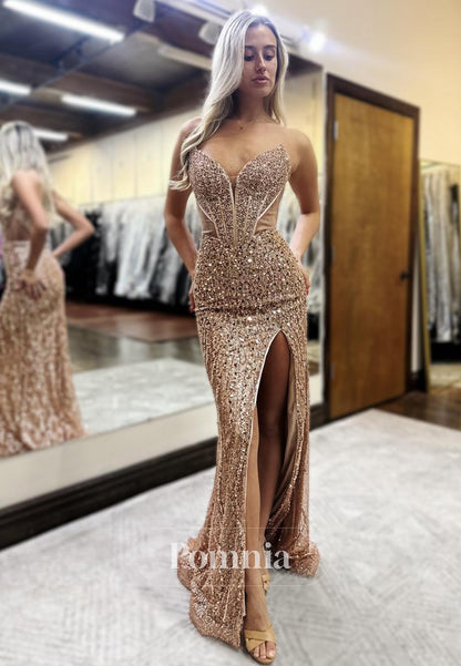 Sparkly Sleeveless Strapless Prom Dress with Slit Sequins Evening Party Dress