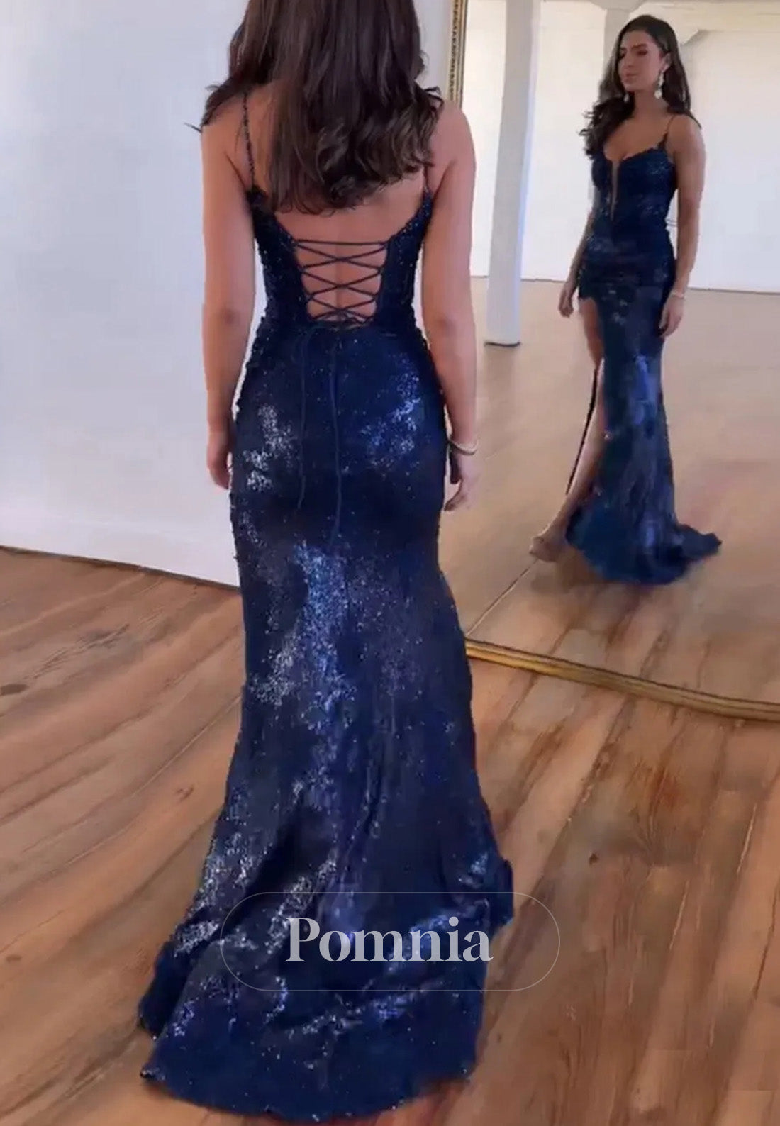 Sparkly Spaghetti Straps Lace Up Mermaid Corset Prom Dress