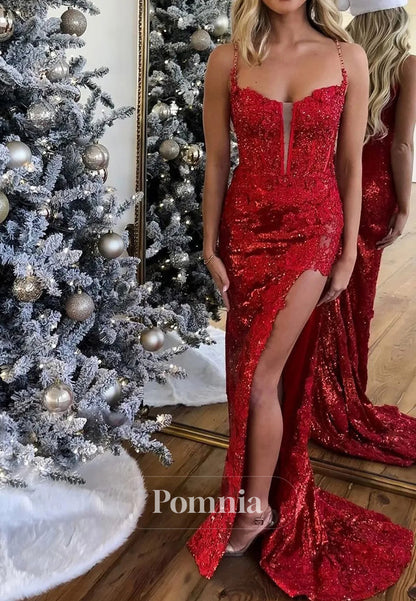 Sparkly Spaghetti Straps Lace Up Mermaid Corset Prom Dress