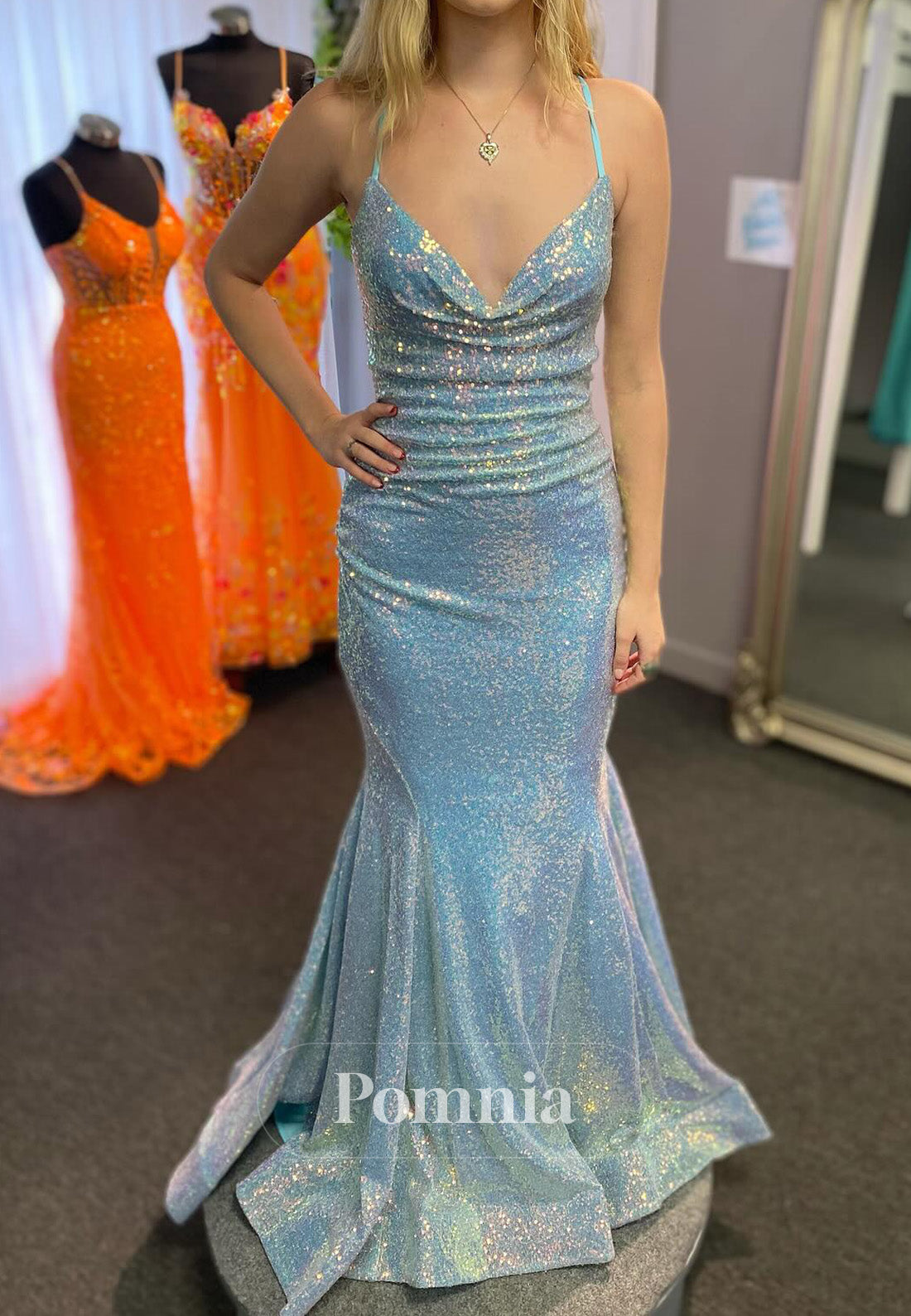 Sparkly Spaghetti Straps Sequins Mermaid Prom Dress