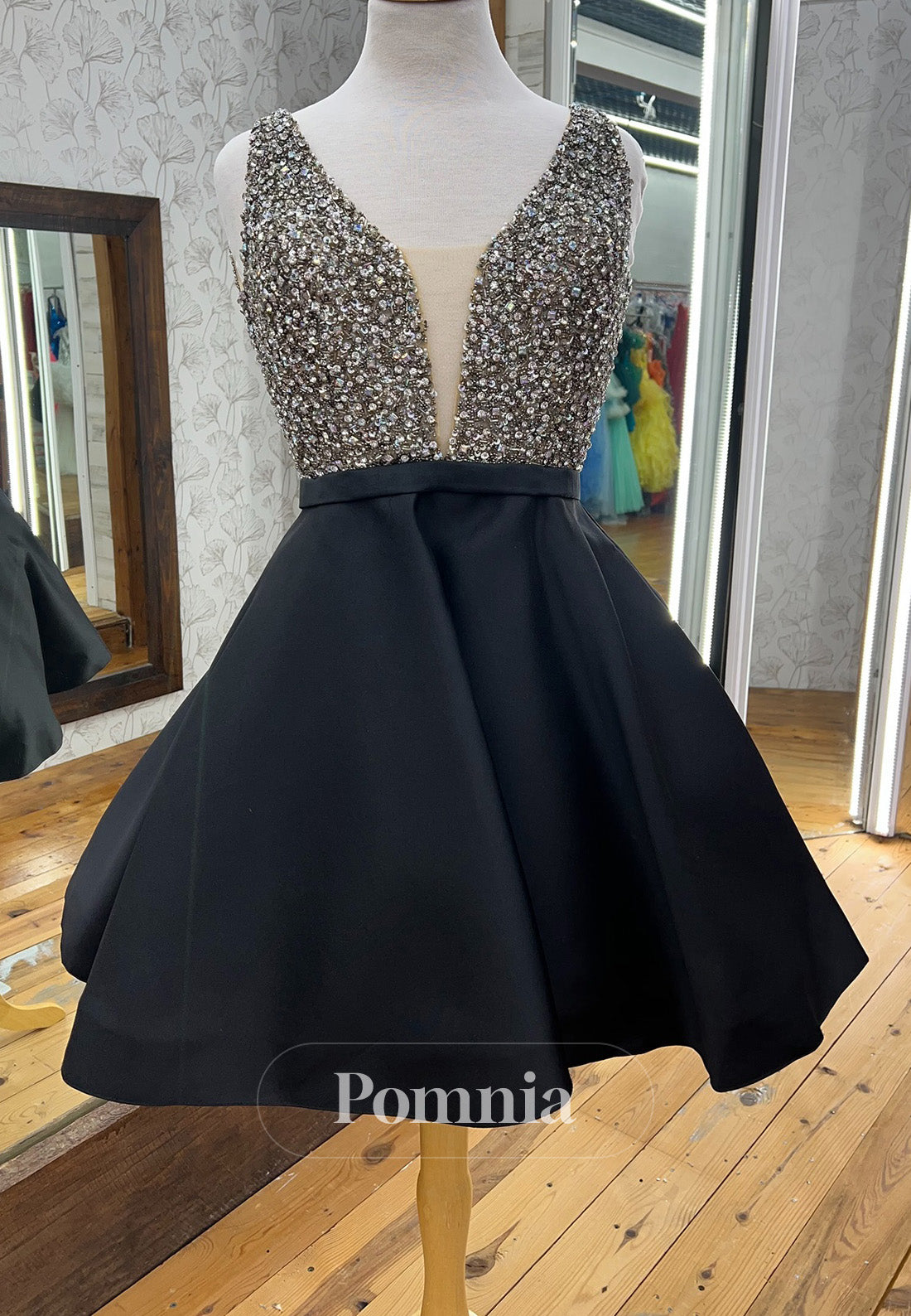 Sparkly Spaghetti Straps V-Neck A-Line Homecoming Dress