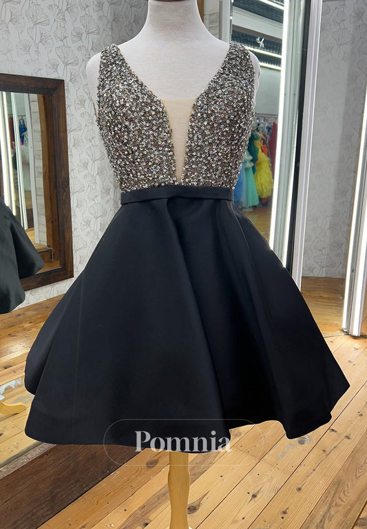 Sparkly Spaghetti Straps V-Neck A-Line Homecoming Dress