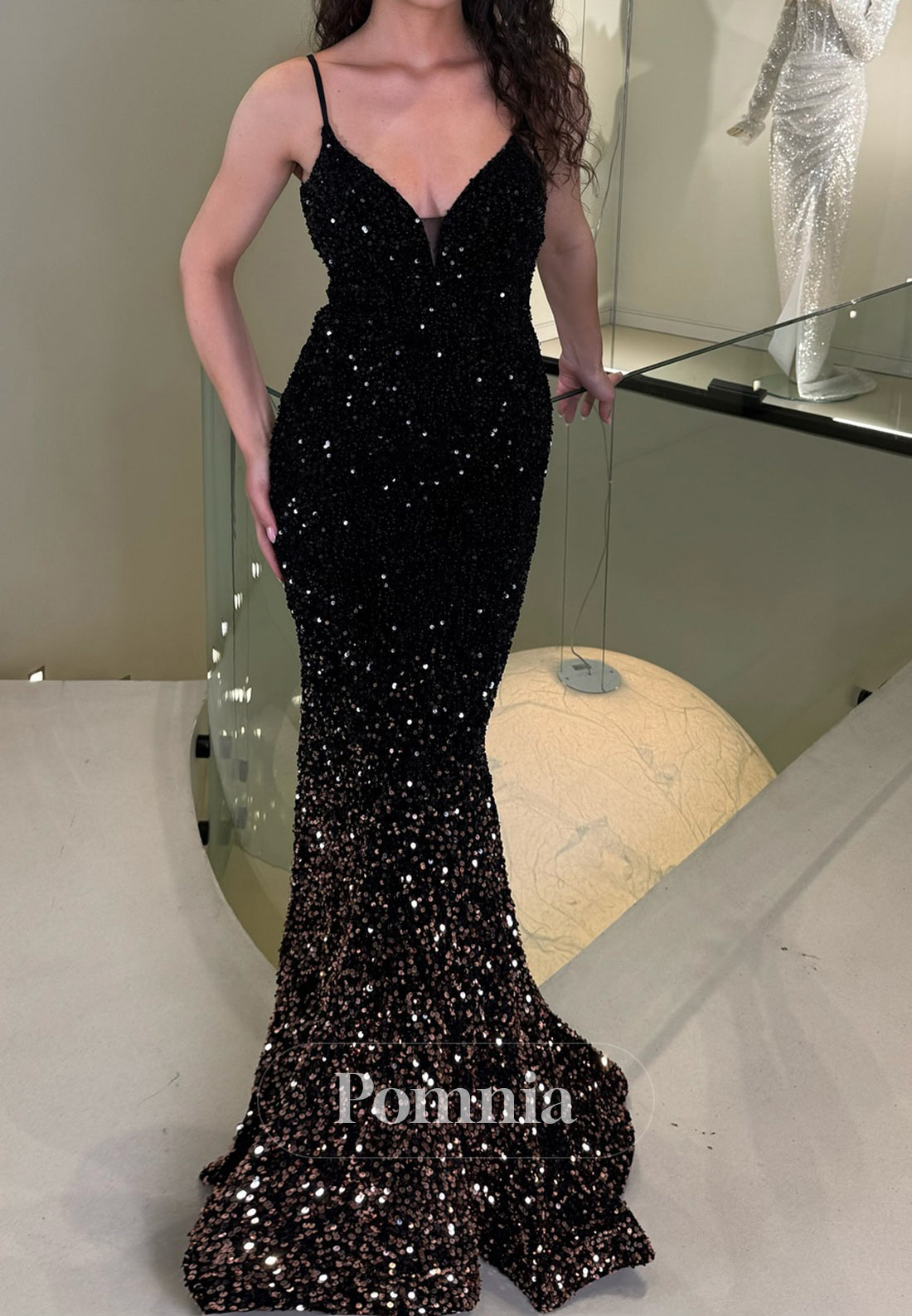 Sparkly Spaghetti Straps V-Neck Sequins Evening Dress