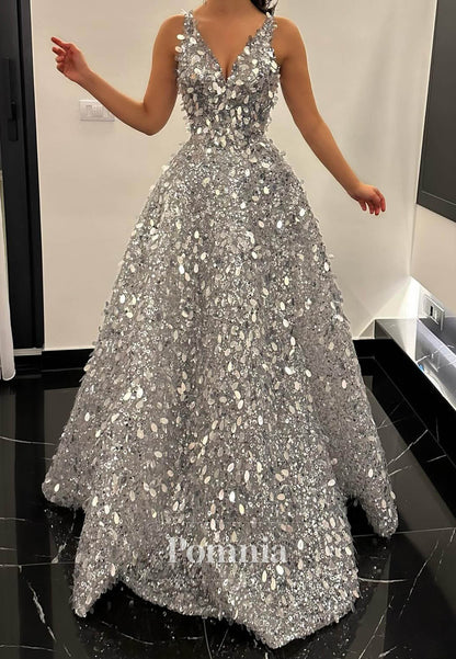 Sparkly Spaghetti Straps V-Neck Sequins Prom Dress