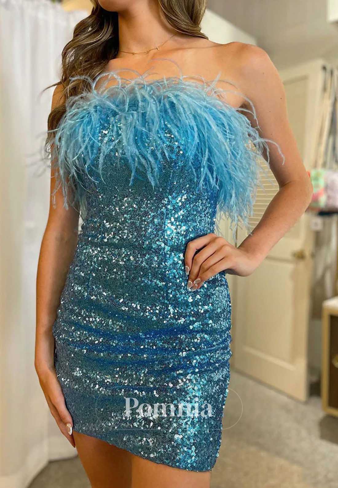 Sparkly Strapless Sleeveless Feathers Homecoming Dress