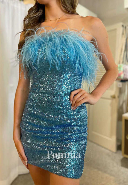 Sparkly Strapless Sleeveless Feathers Homecoming Dress