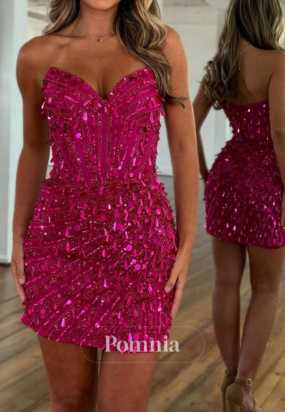 Sparkly Strapless Sleeveless Sequins Mini Homecoming Dress
