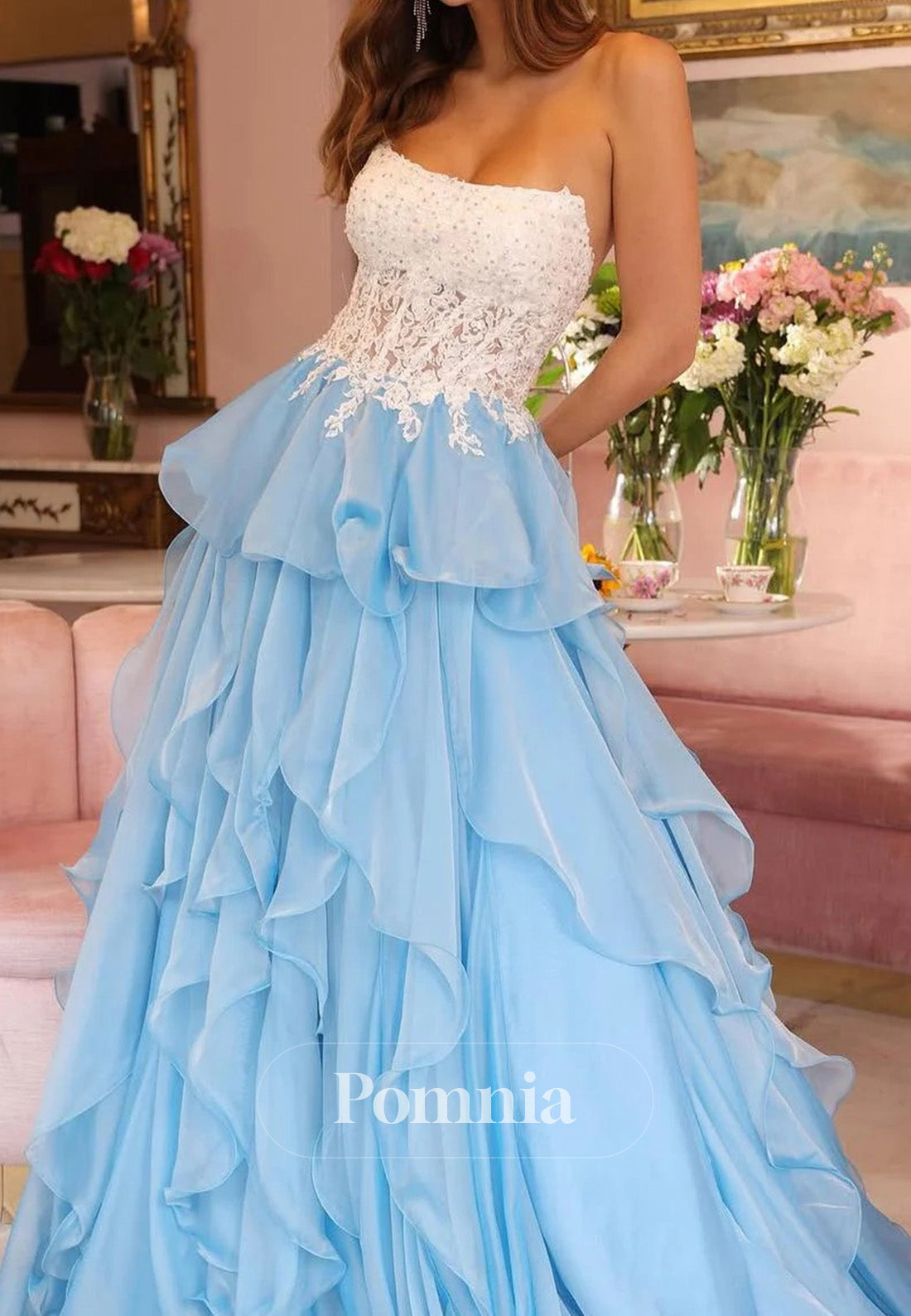Strapless A-Line Ruffles Scoop Top Lace Empire-Waist  Long Prom Dress