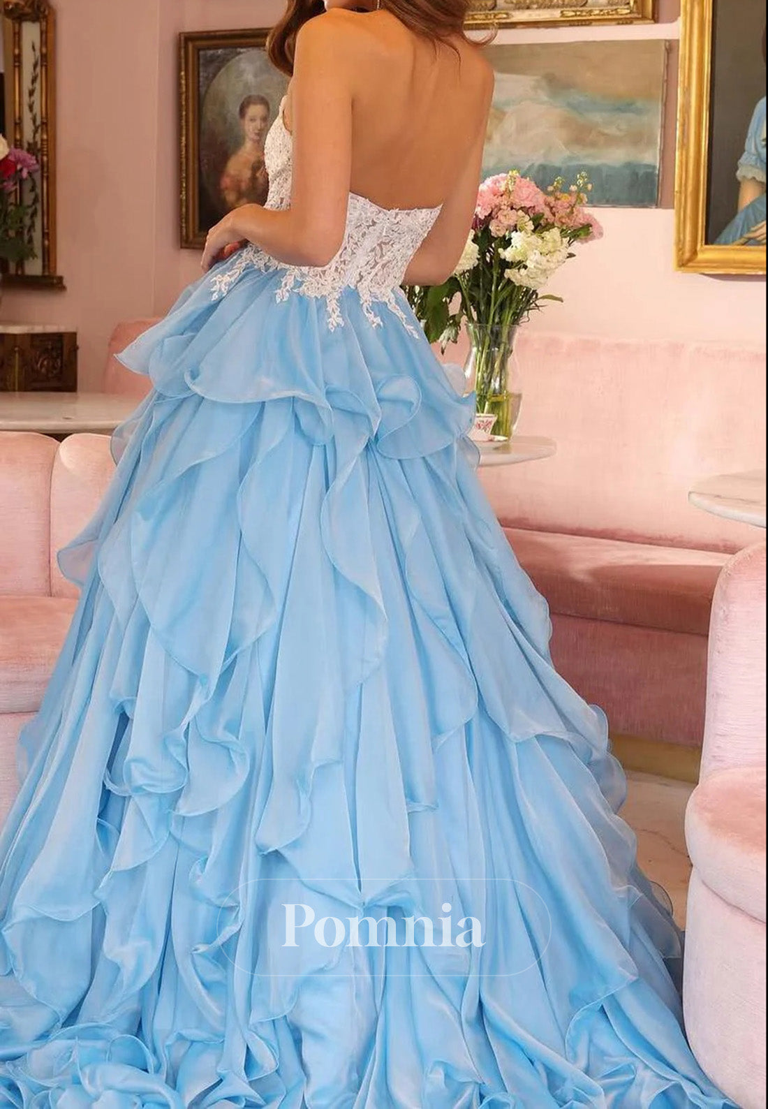 Strapless A-Line Ruffles Scoop Top Lace Empire-Waist  Long Prom Dress