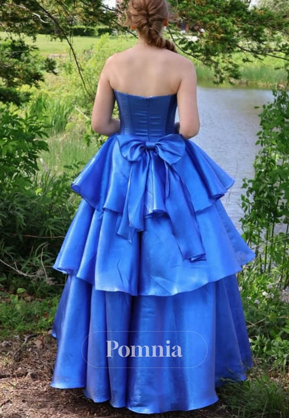 Strapless Sleeveless Tiered Back Bow Long Prom Dress