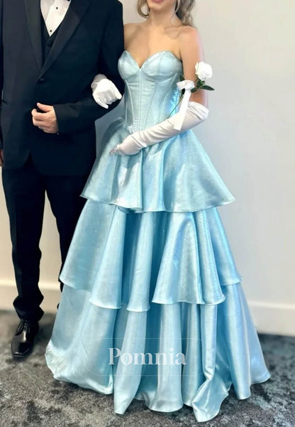 Strapless Sleeveless Tiered Back Bow Long Prom Dress