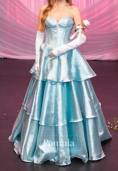 Strapless Sleeveless Tiered Back Bow Long Prom Dress