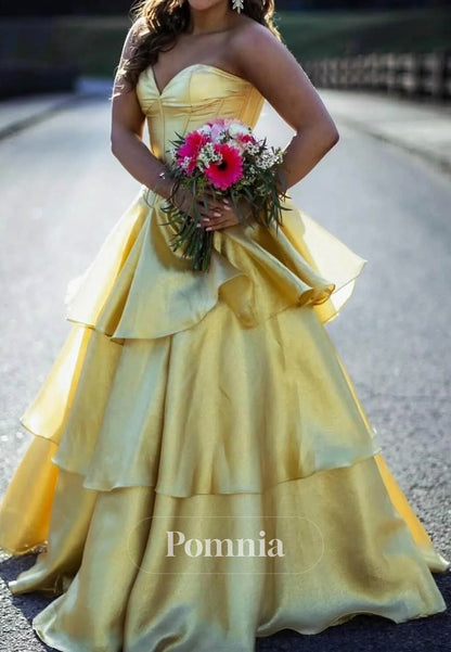 Strapless Sleeveless Tiered Back Bow Long Prom Dress