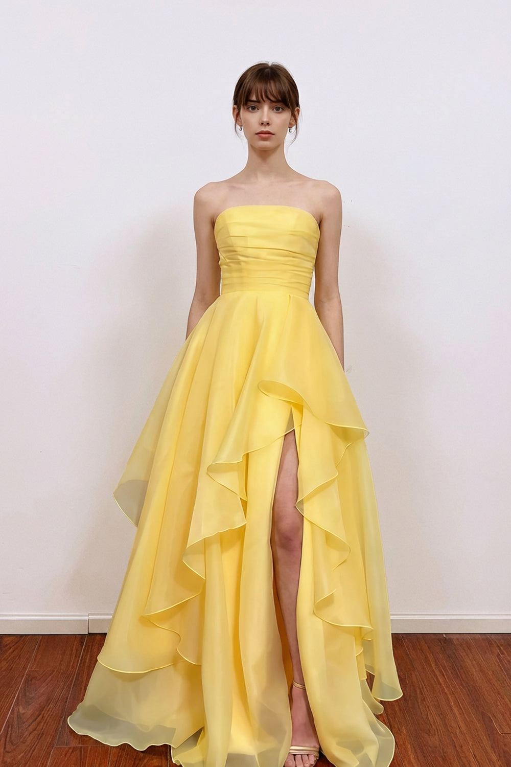 Strapless Tulle Pleated Layered Yellow Prom Dress With Split