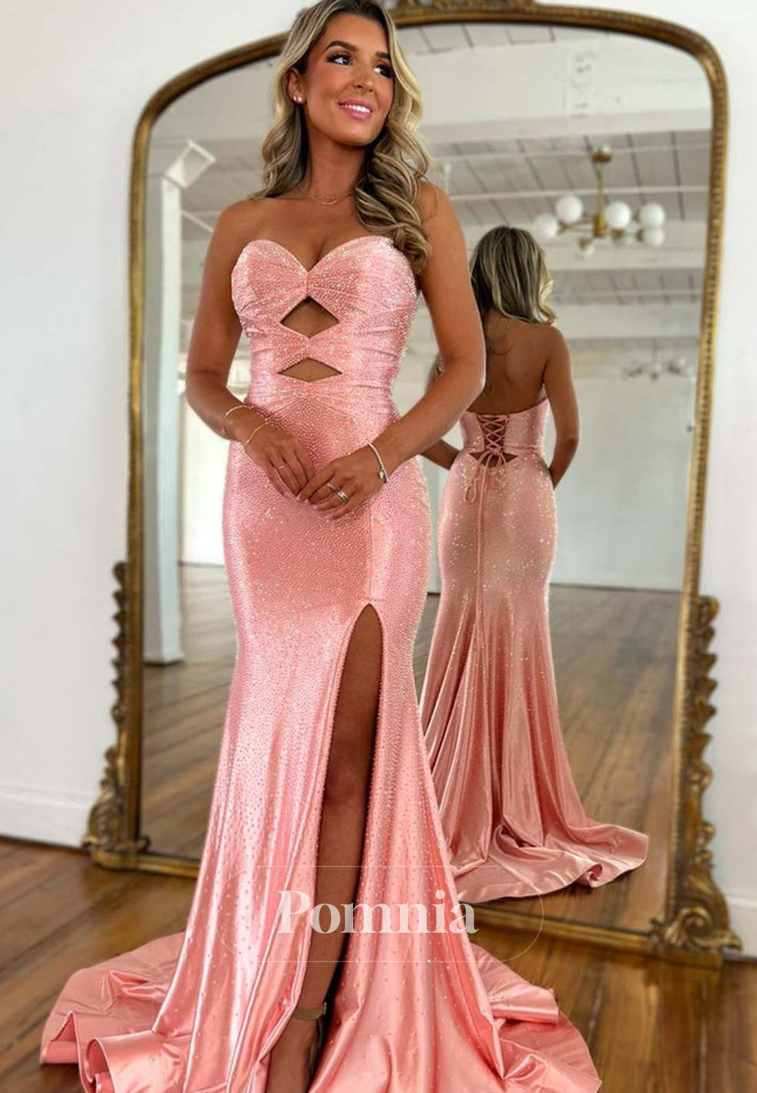 Strapless Sleeveless Prom Dress with Slit Sequins Evening Party Dress