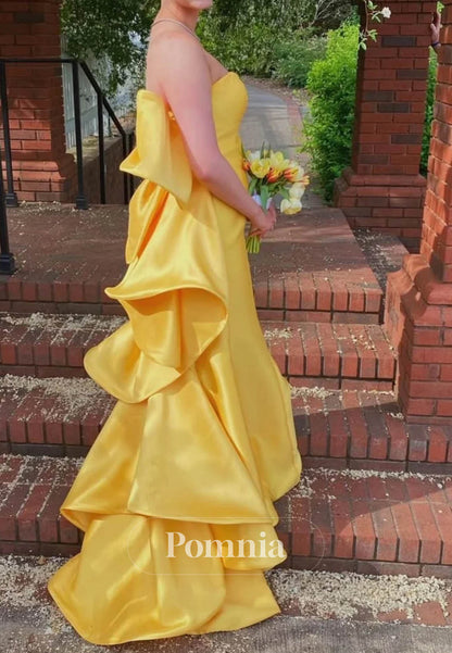 Strapless Yellow Back Bow Long Prom Dress