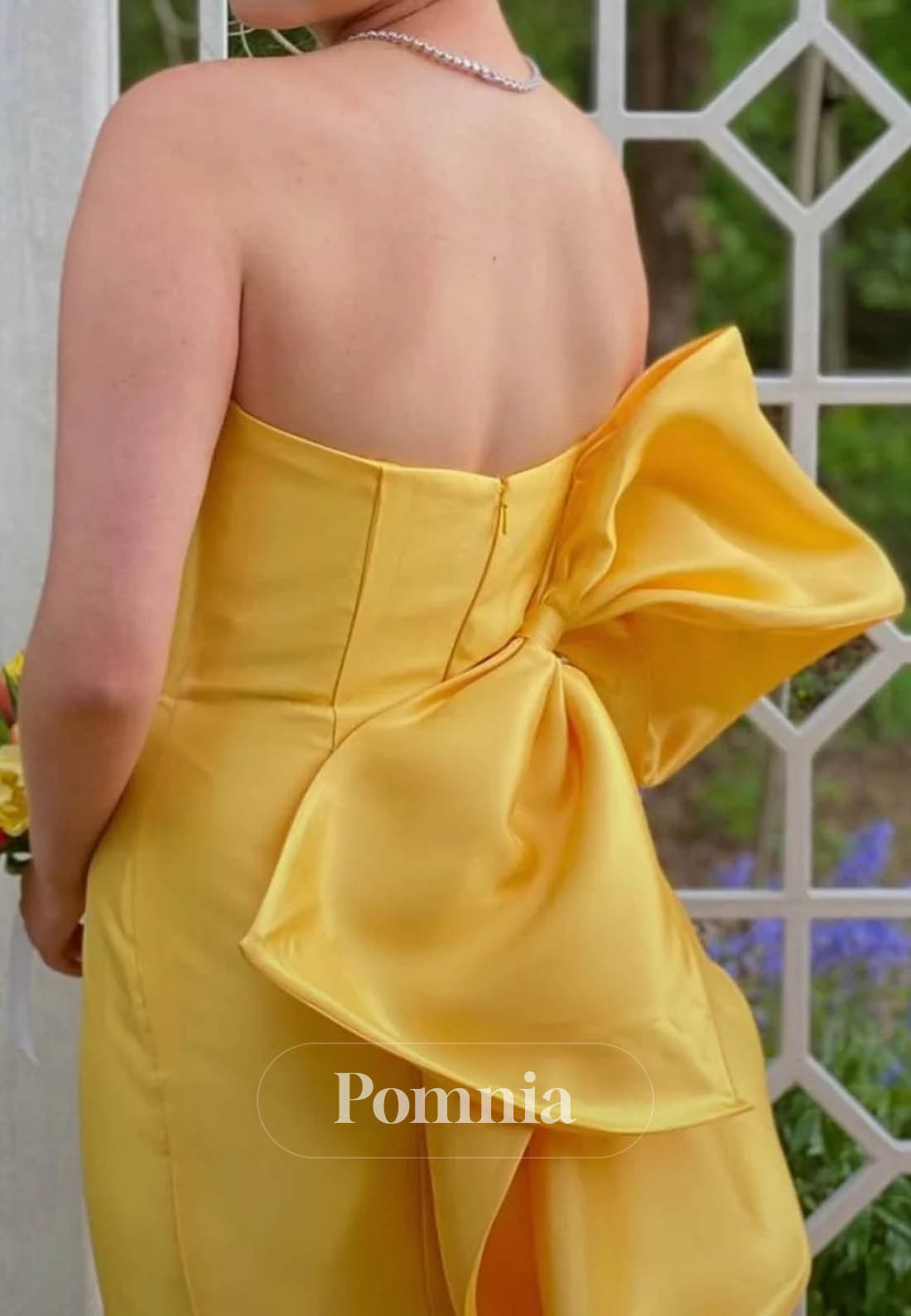 Strapless Yellow Back Bow Long Prom Dress