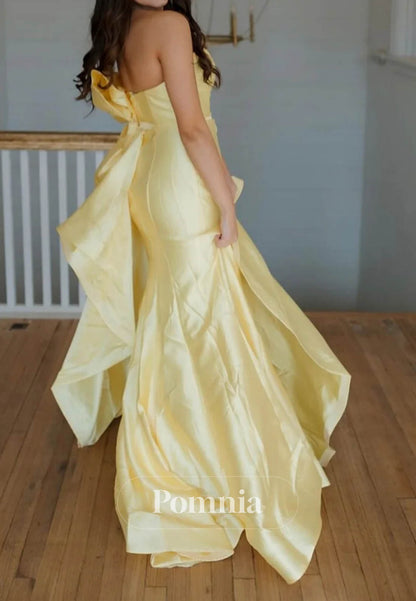 Strapless Yellow Back Bow Long Prom Dress