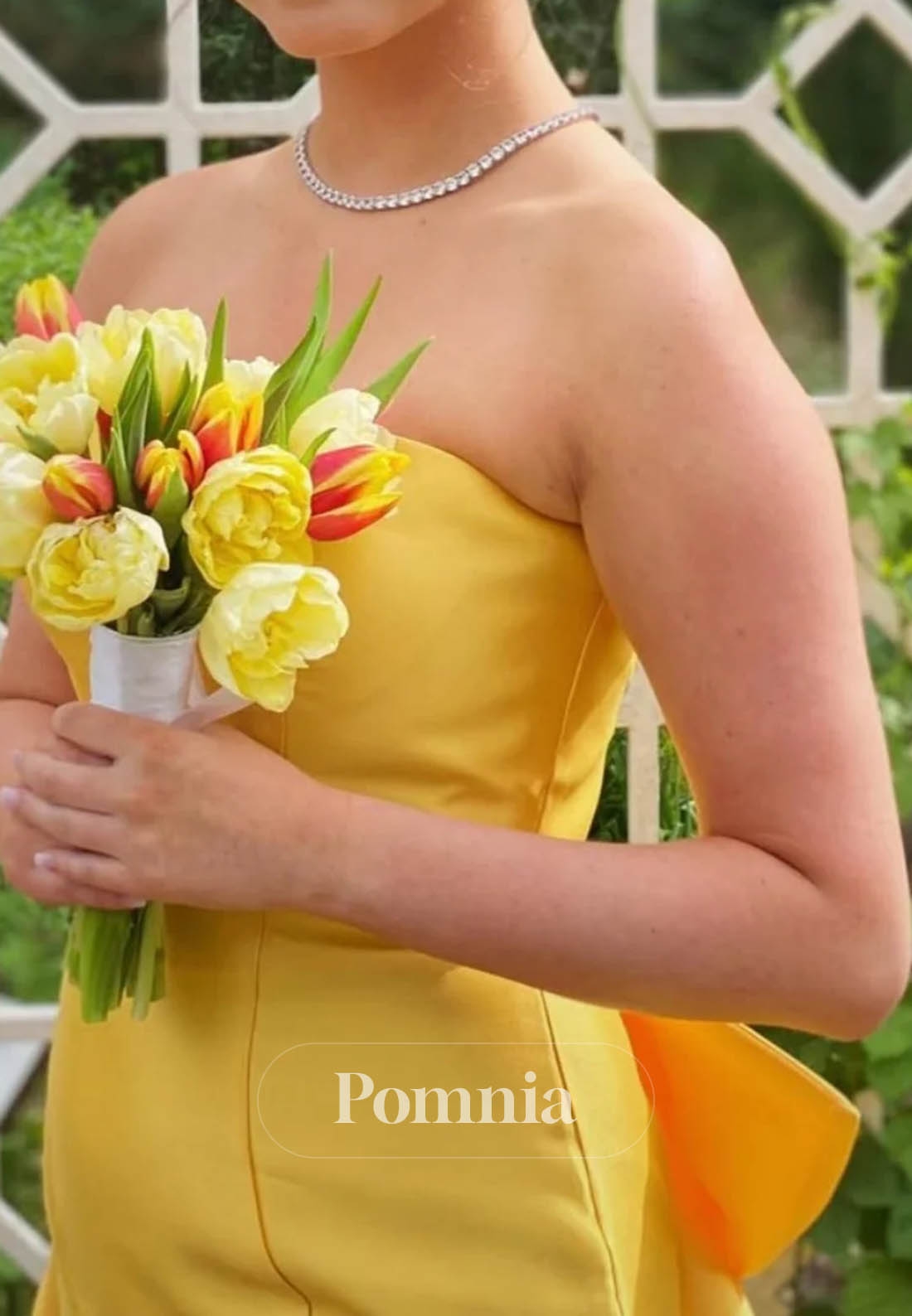 Strapless Yellow Back Bow Long Prom Dress