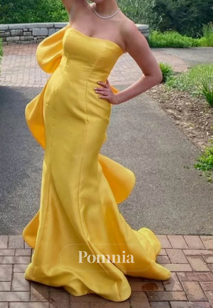 Strapless Yellow Back Bow Long Prom Dress