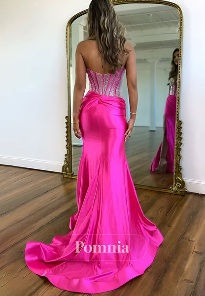 Stunning Hot Pink Mermaid Prom Dress with Beaded Long Satin