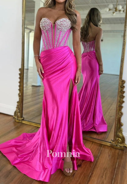 Stunning Hot Pink Mermaid Prom Dress with Beaded Long Satin
