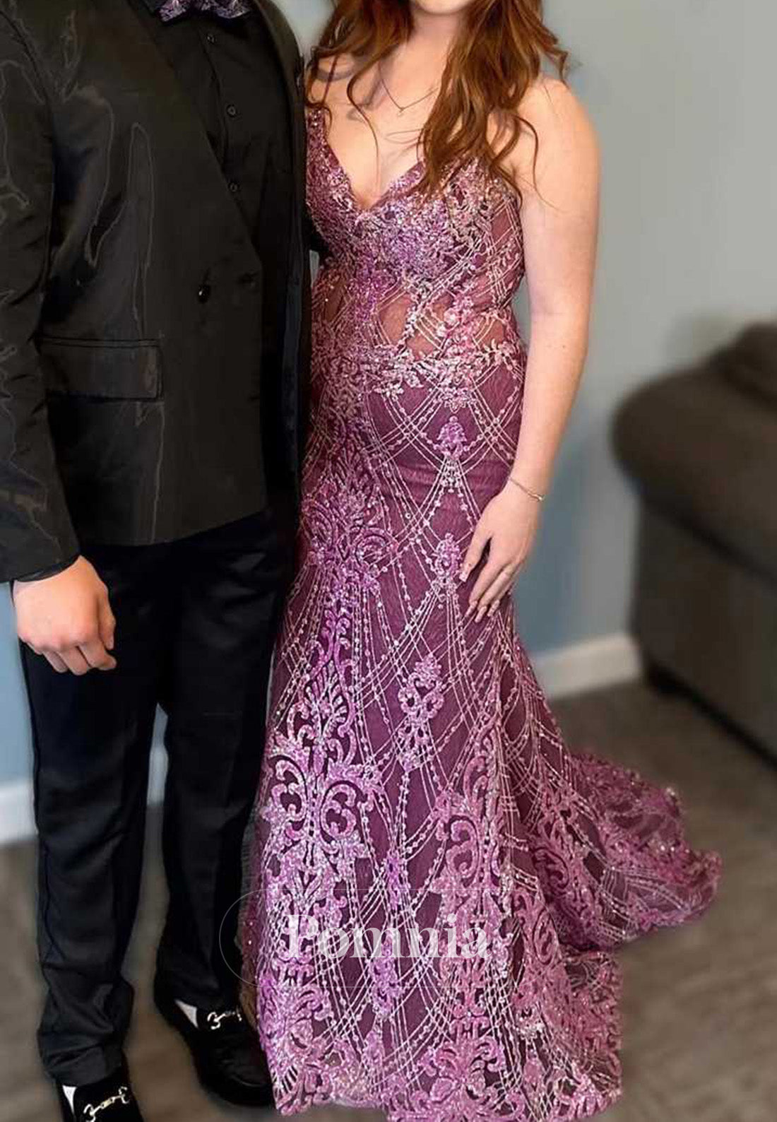 Stunning Purple Spaghetti Straps Appliqures Mermaid Long Prom Dress