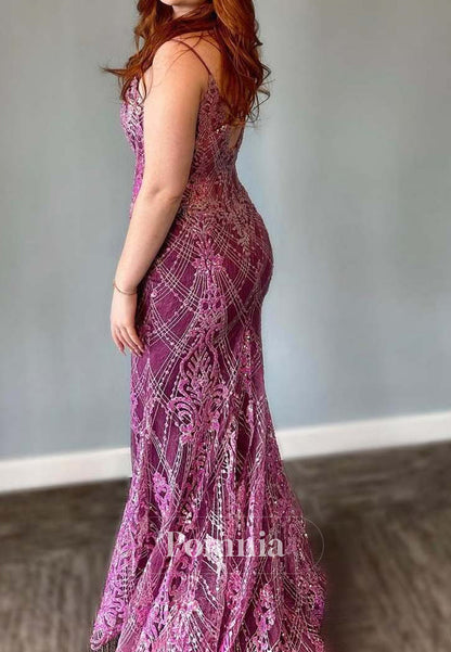 Stunning Purple Spaghetti Straps Appliqures Mermaid Long Prom Dress