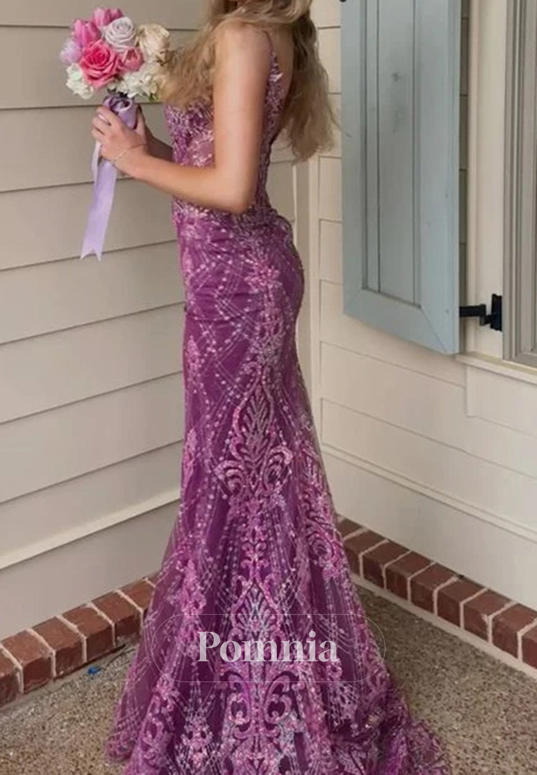 Stunning Purple Spaghetti Straps Appliqures Mermaid Long Prom Dress