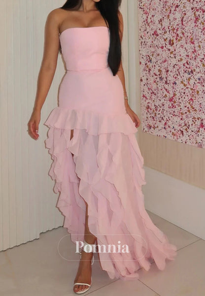 Stunning Sheath Strapless Pink Long Prom Dress with Ruffles