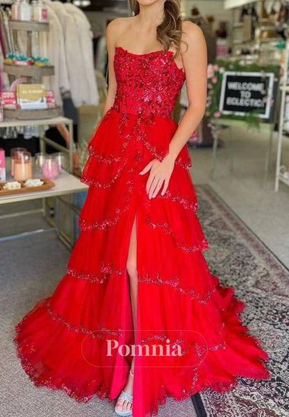Stunning Strapless A-Line Empire-Waist Layered Appliques Prom Dress with Slit