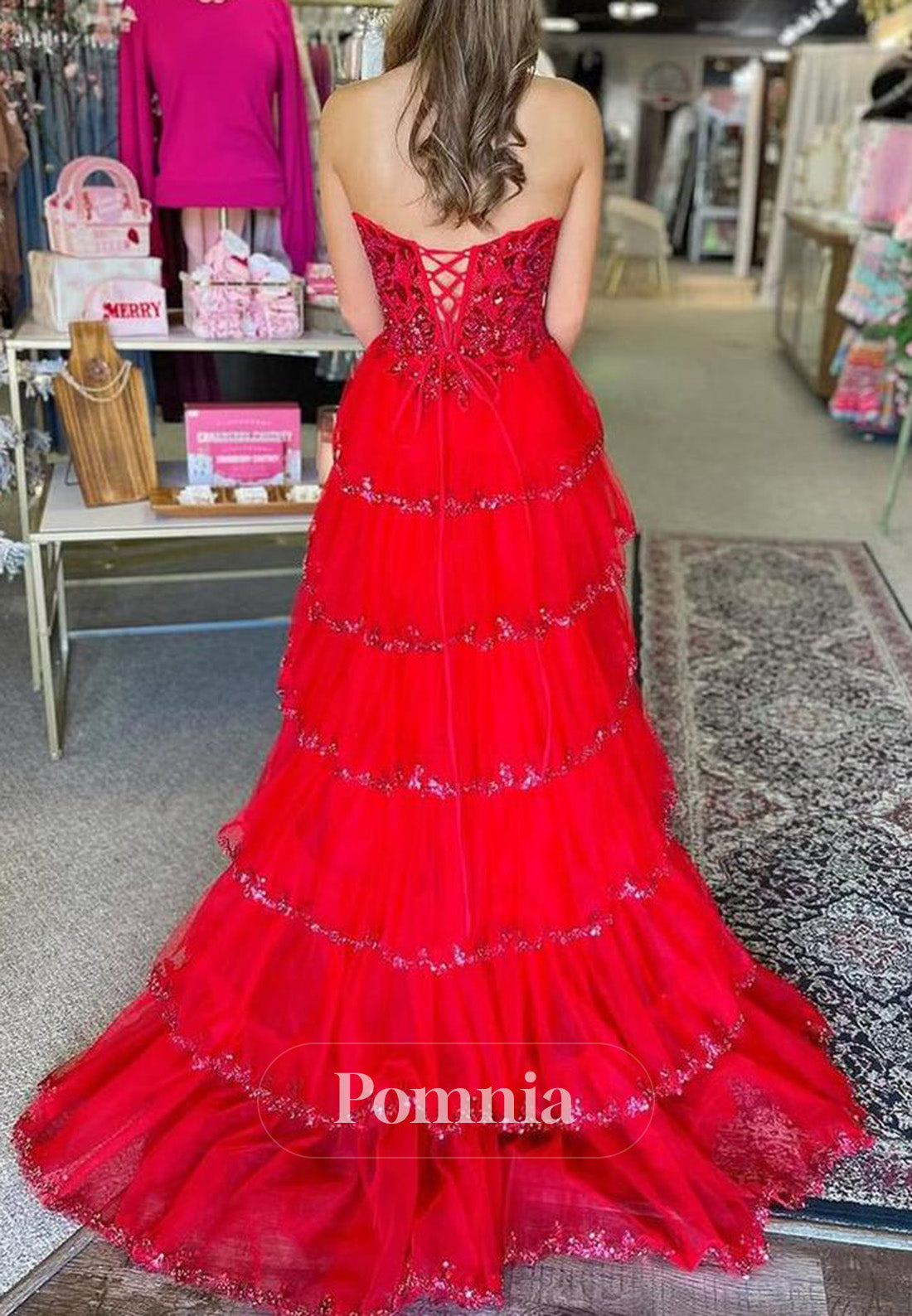 Stunning Strapless A-Line Empire-Waist Layered Appliques Prom Dress with Slit