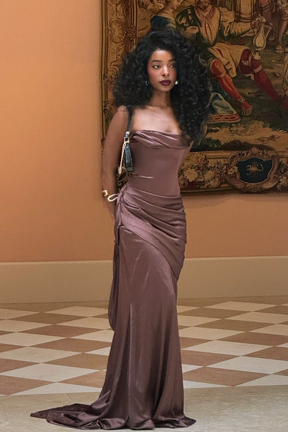 Stylish Mermaid Strapless Brown Long Party Dress with Ruched