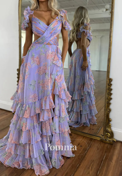 Stylish Purple Print A-Line Off The Shoulder Layered Prom Dress