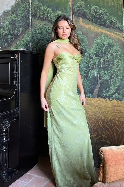 Stylish Sheath Spaghetti Straps Green Long Prom Dress with Scarf