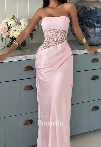 Stylish Sheath Strapless Pink Long Prom Dress with Lace