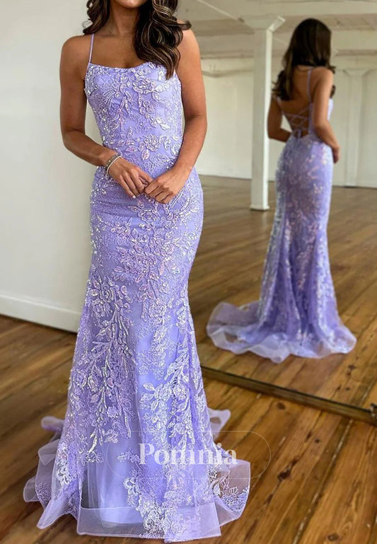 Sweet Lilac Spaghetti Straps Lace Up Long Corset Prom Dress With Appliques