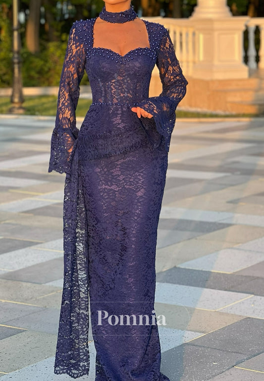 Sweetheart Long Sleeves Appliques Pearl Sheath Evening Dress